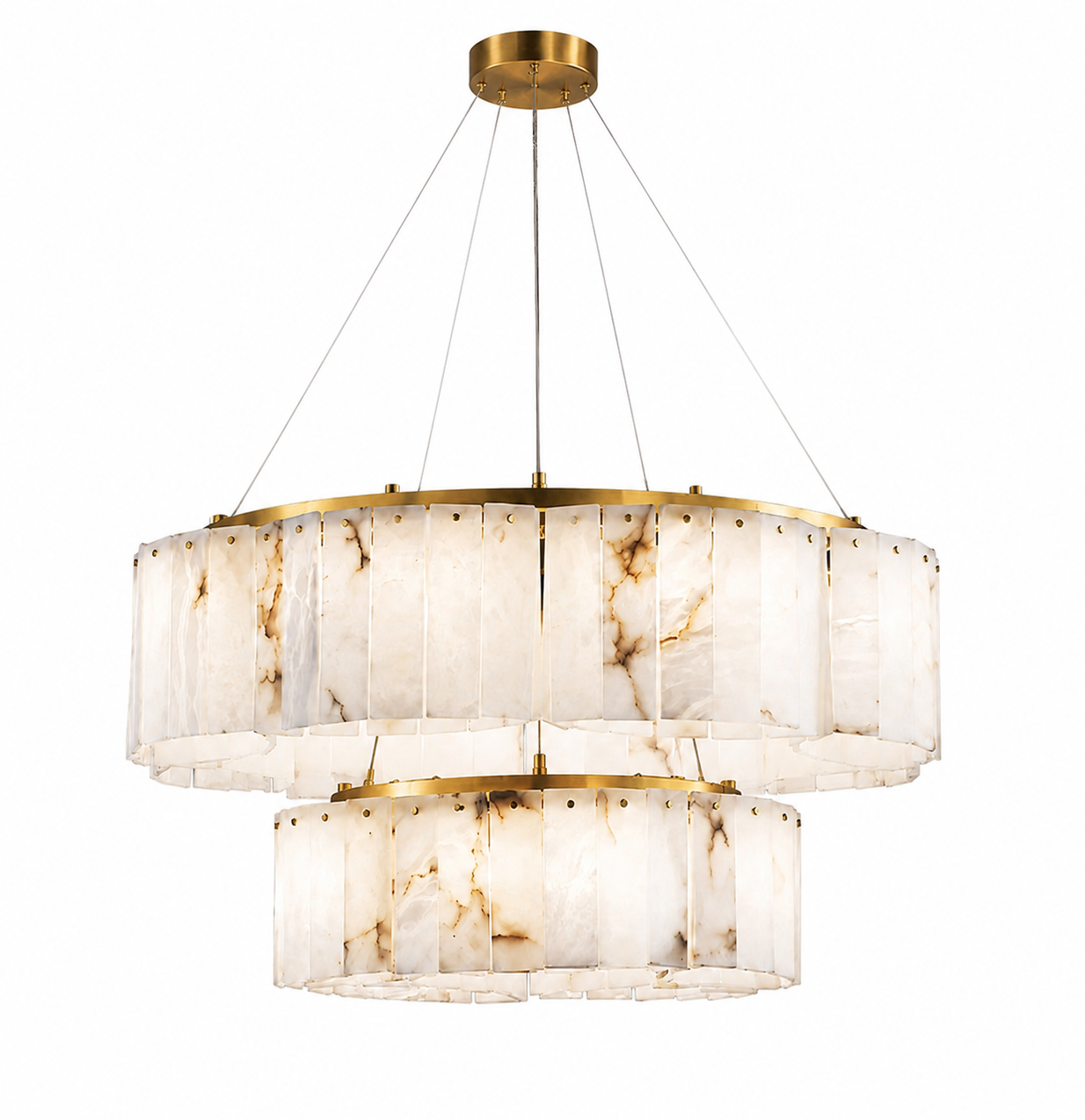 Circular alabaster ring chandelier with brass-tone frame