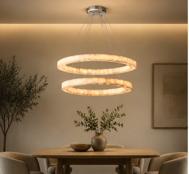 Two-tier round alabaster chandelier for dining room
