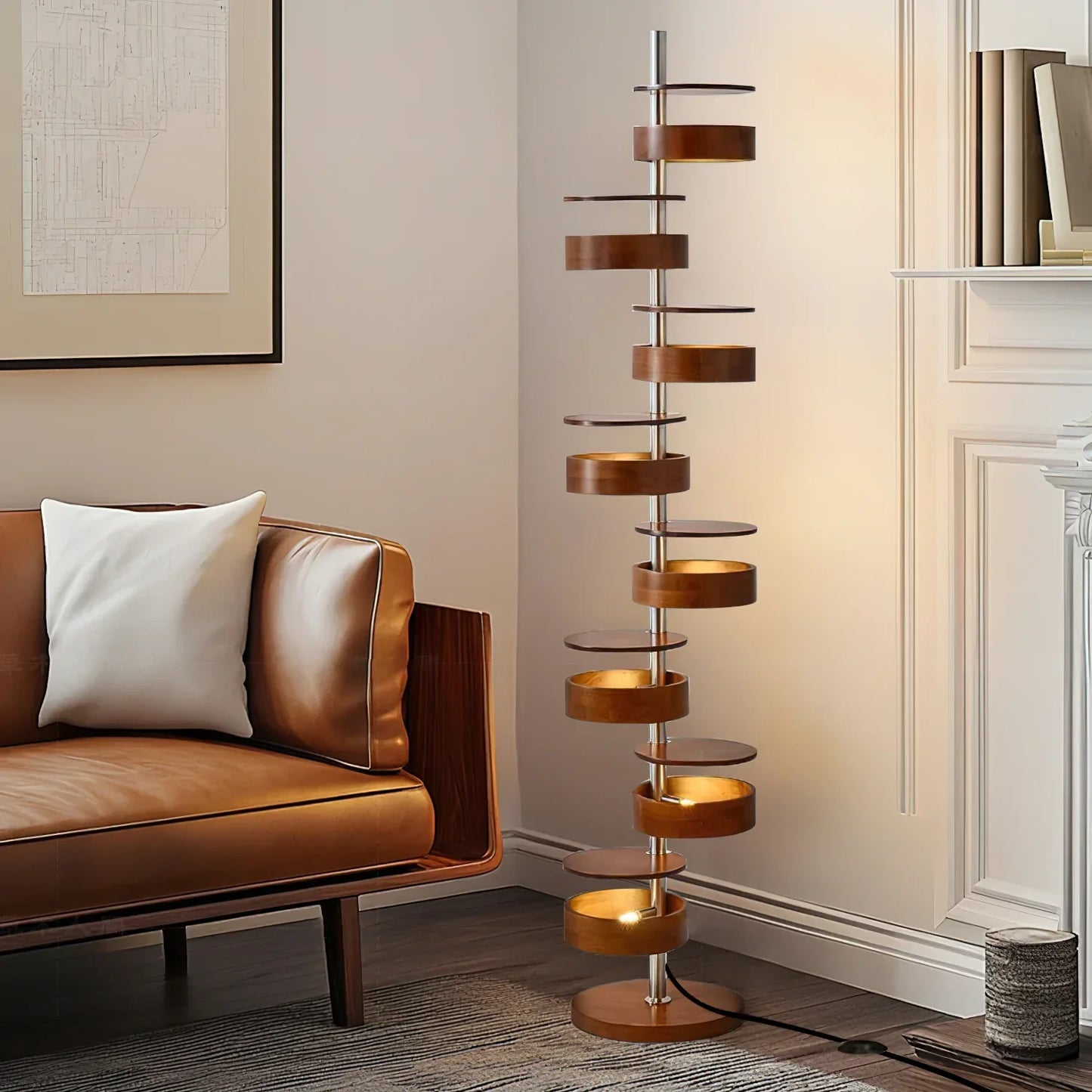 Cylindrical Wood Column Floor Lamp