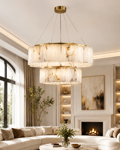 Brass-tone alabaster ring light shown illuminated