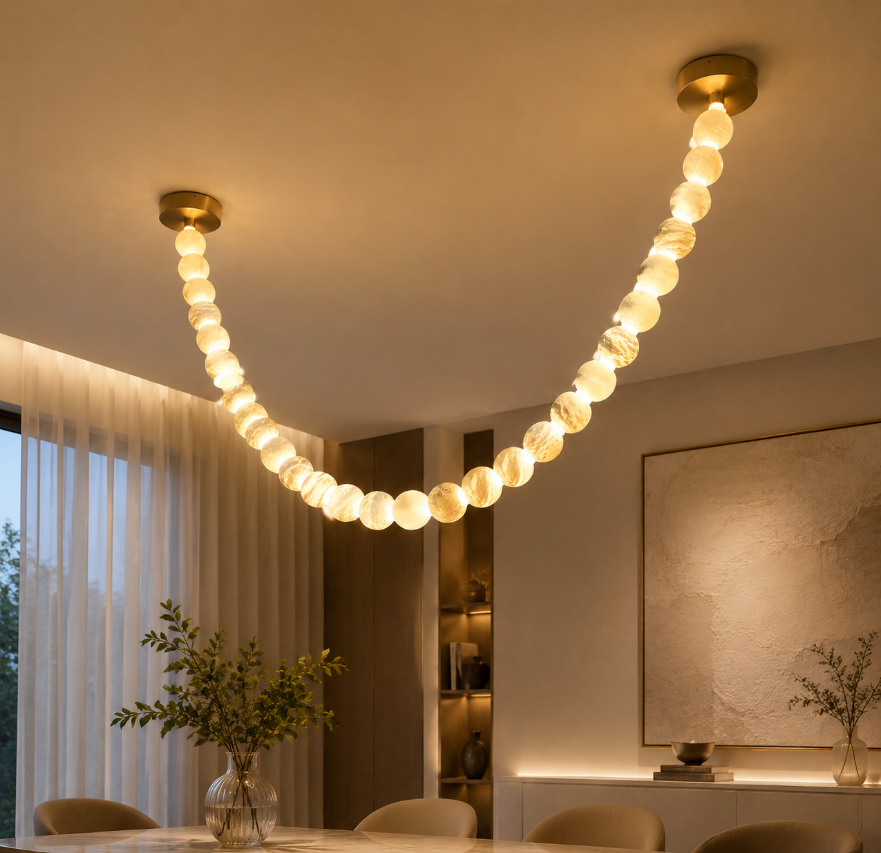Pearl necklace alabaster light above a dining table