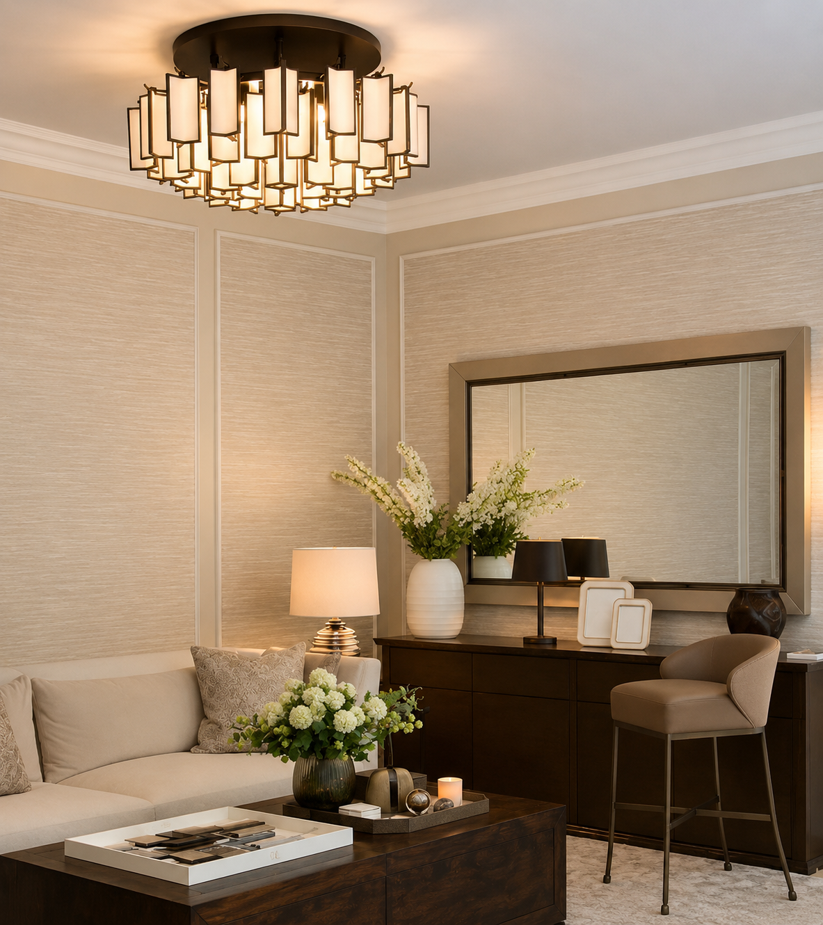 Ornate bronze and alabaster chandelier in a large interior