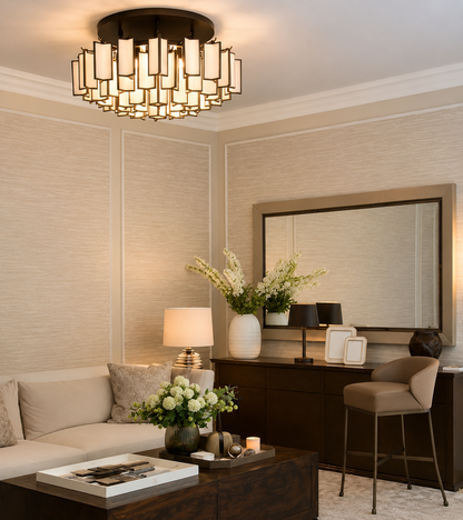 Ornate bronze and alabaster chandelier in a large interior