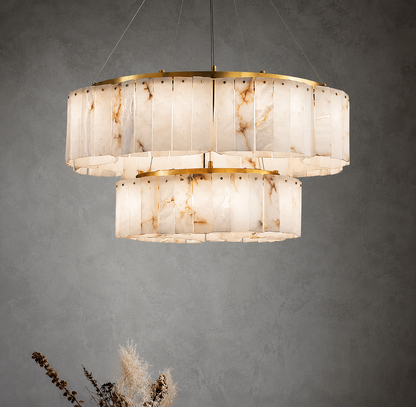 Alabaster circular chandelier in a large modern interior