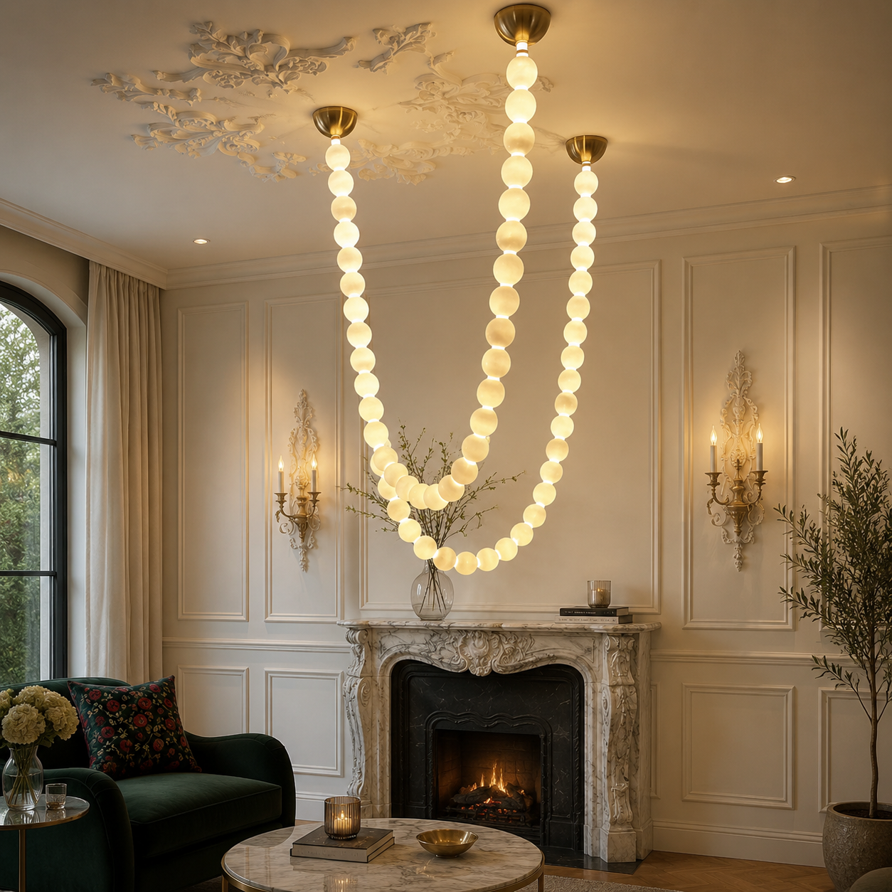 Linear alabaster globe ceiling light illuminated