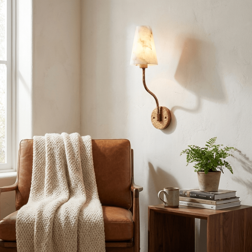 Corwin Hammered Brass Cone Alabaster Sconce