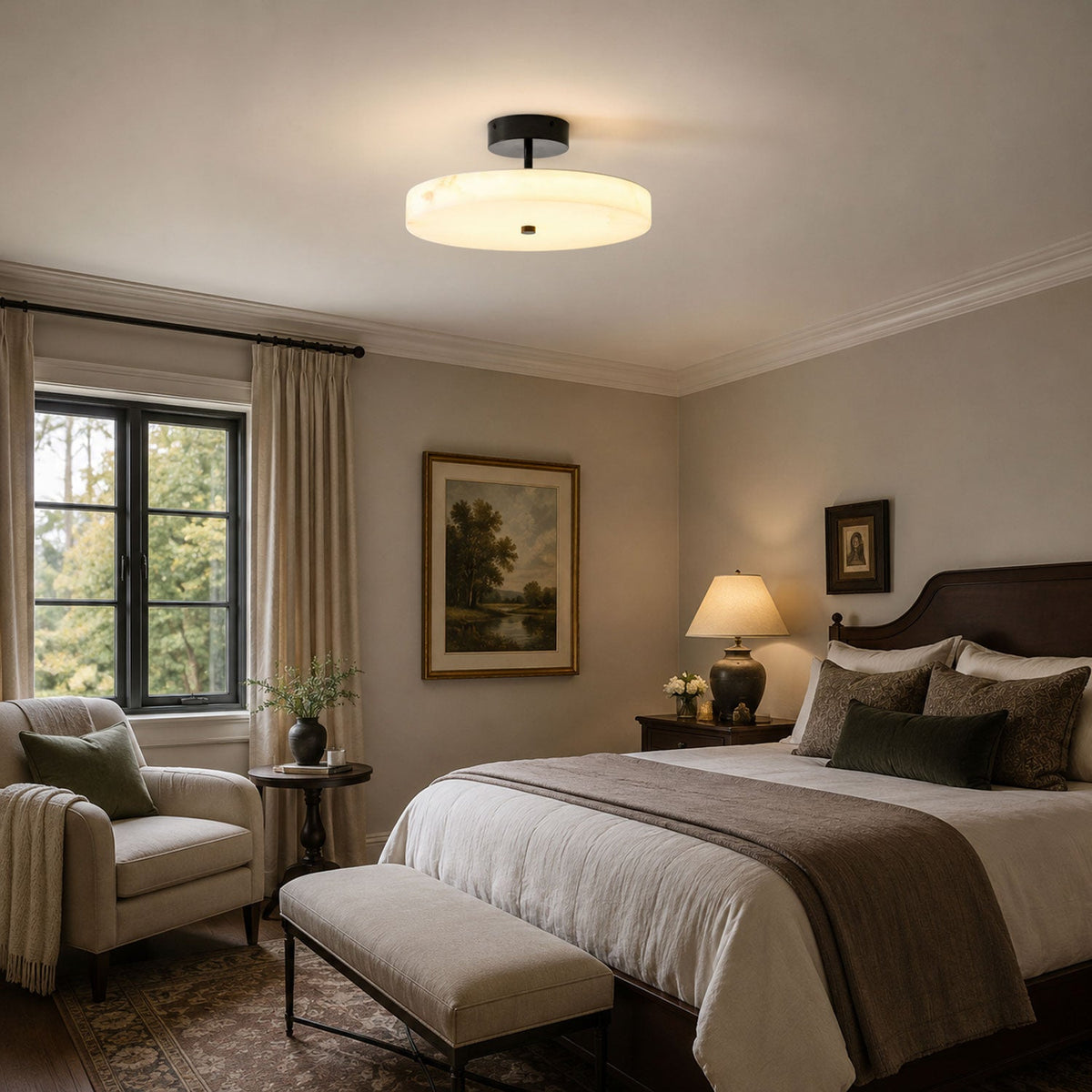 Luma Linen Drum Alabaster Ceiling Light