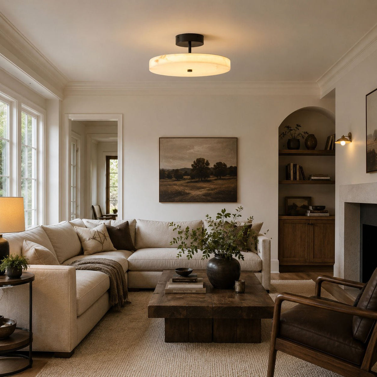 Luma Linen Drum Alabaster Ceiling Light
