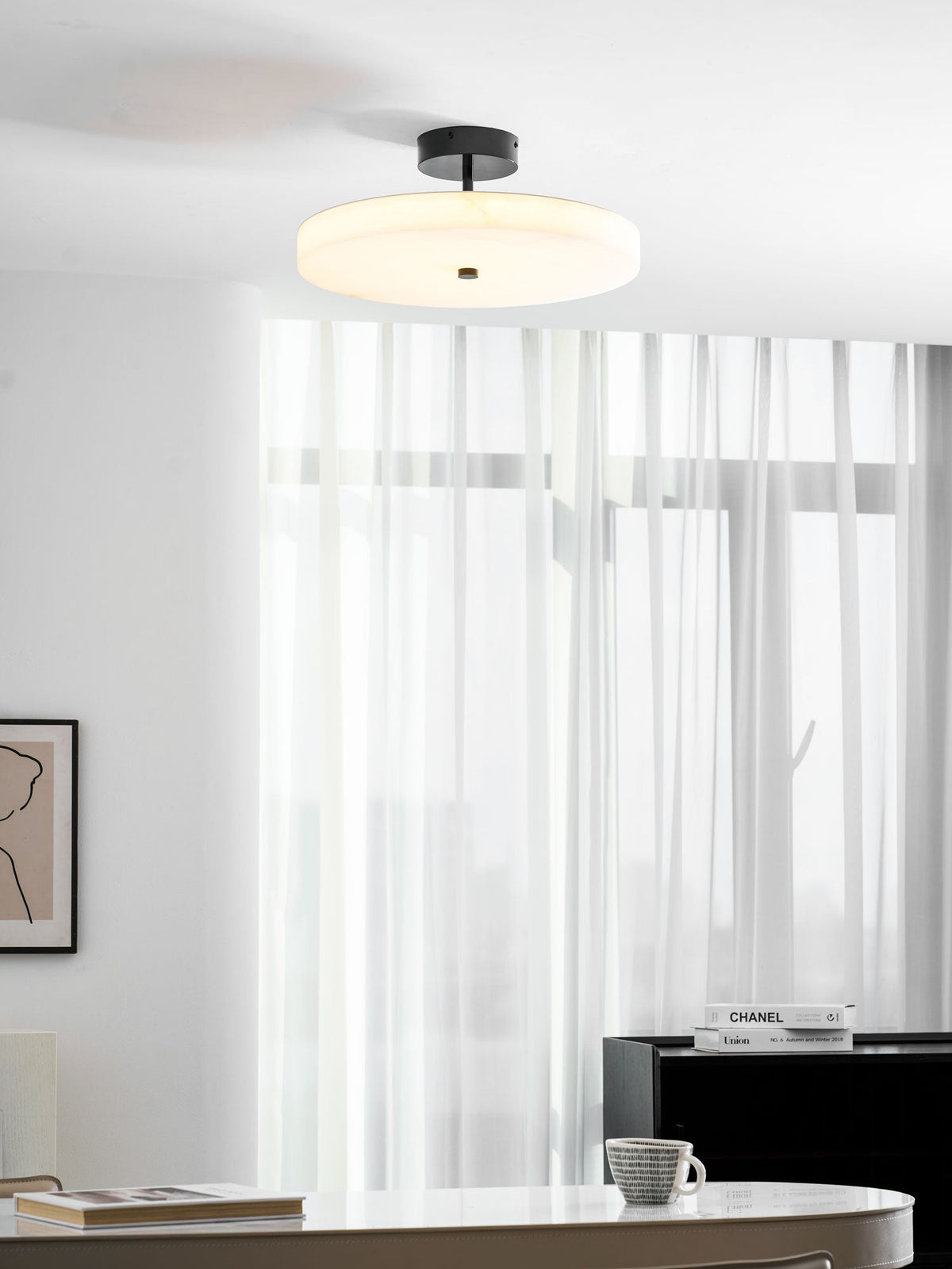 Luma Linen Drum Alabaster Ceiling Light