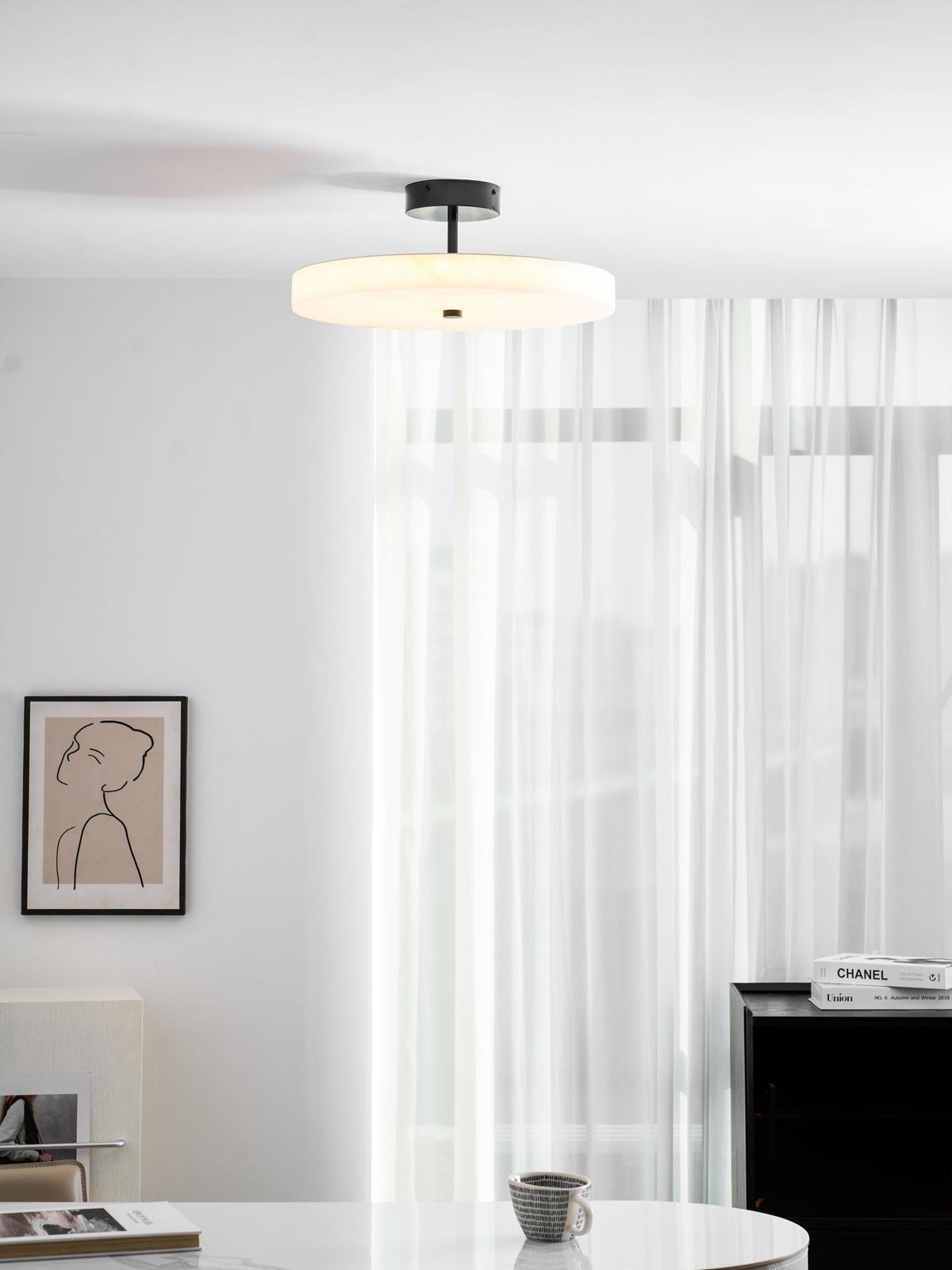 Luma Linen Drum Alabaster Ceiling Light