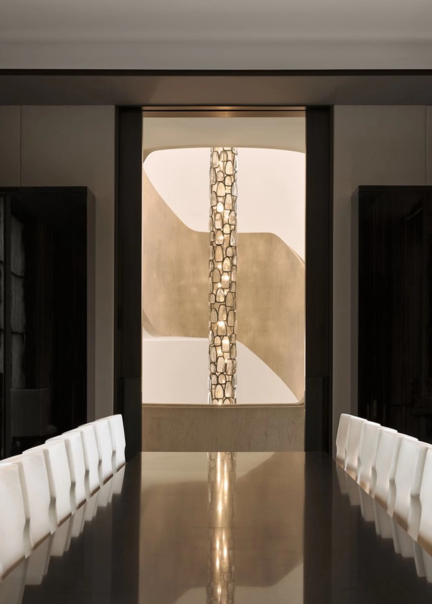 Long crystal mosaic column pendant lamp used as a dining room statement light