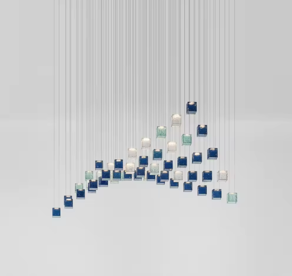 Custom crystal pixels chandelier with blue clear and frosted glass cubes in linear layout