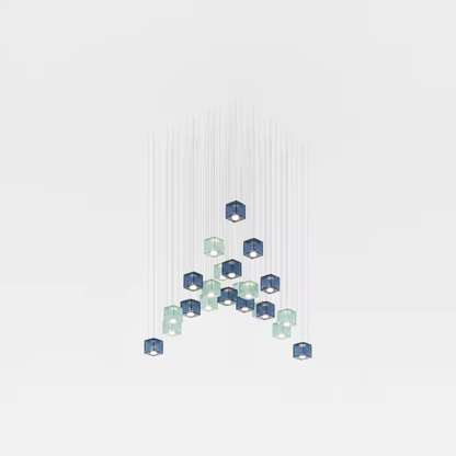 Small crystal pixels chandelier arrangement with blue and clear glass cube pendants