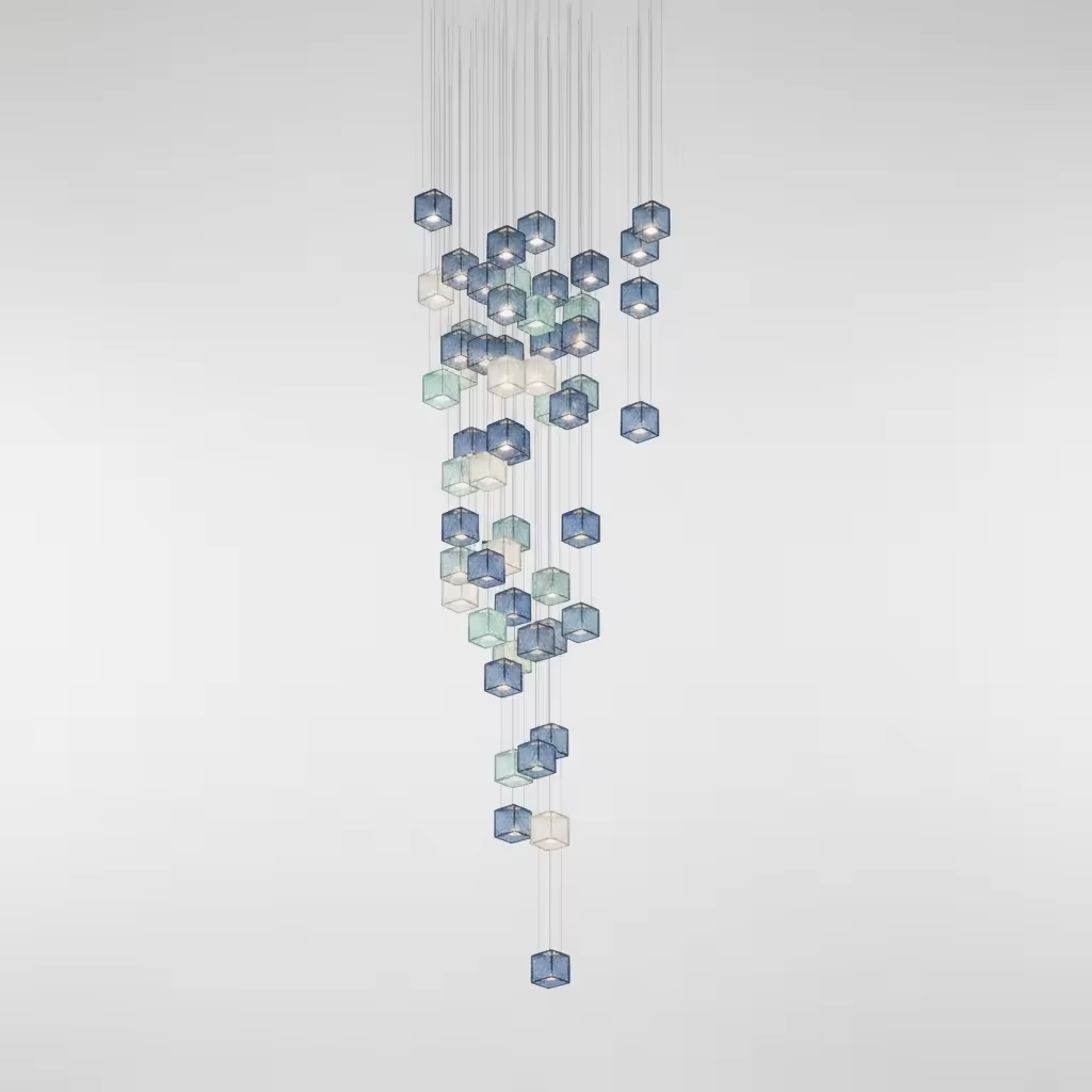 Crystal pixels custom chandelier with suspended glass cubes in spiral vertical layout