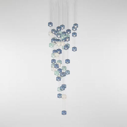 Crystal pixels custom chandelier with suspended glass cubes in spiral vertical layout