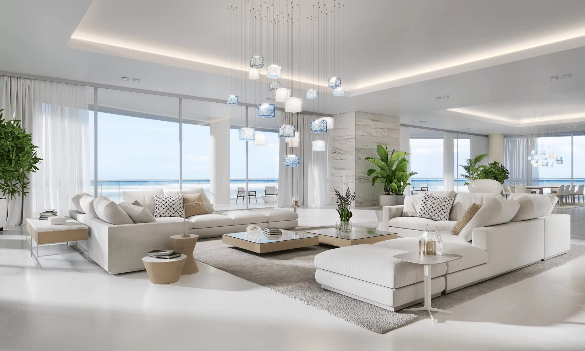 Crystal pixels custom glass cube chandelier in a bright luxury living room