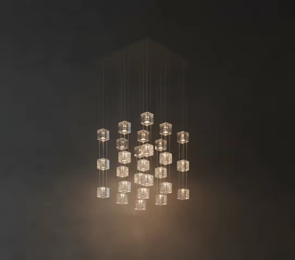 Warm lit crystal glass cube chandelier cluster for custom interior lighting