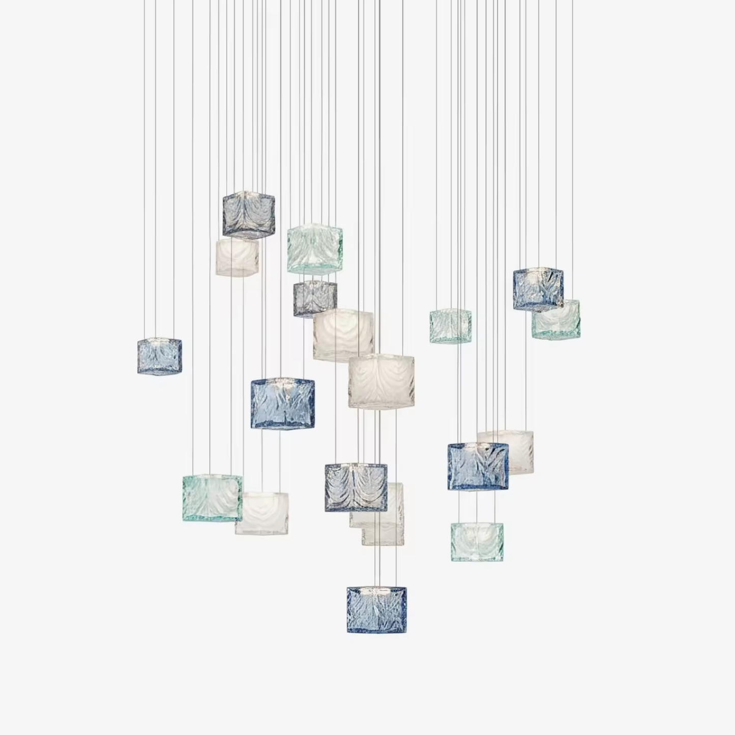 Close-up of blue clear and frosted glass cube pendants for Crystal Pixels chandelier