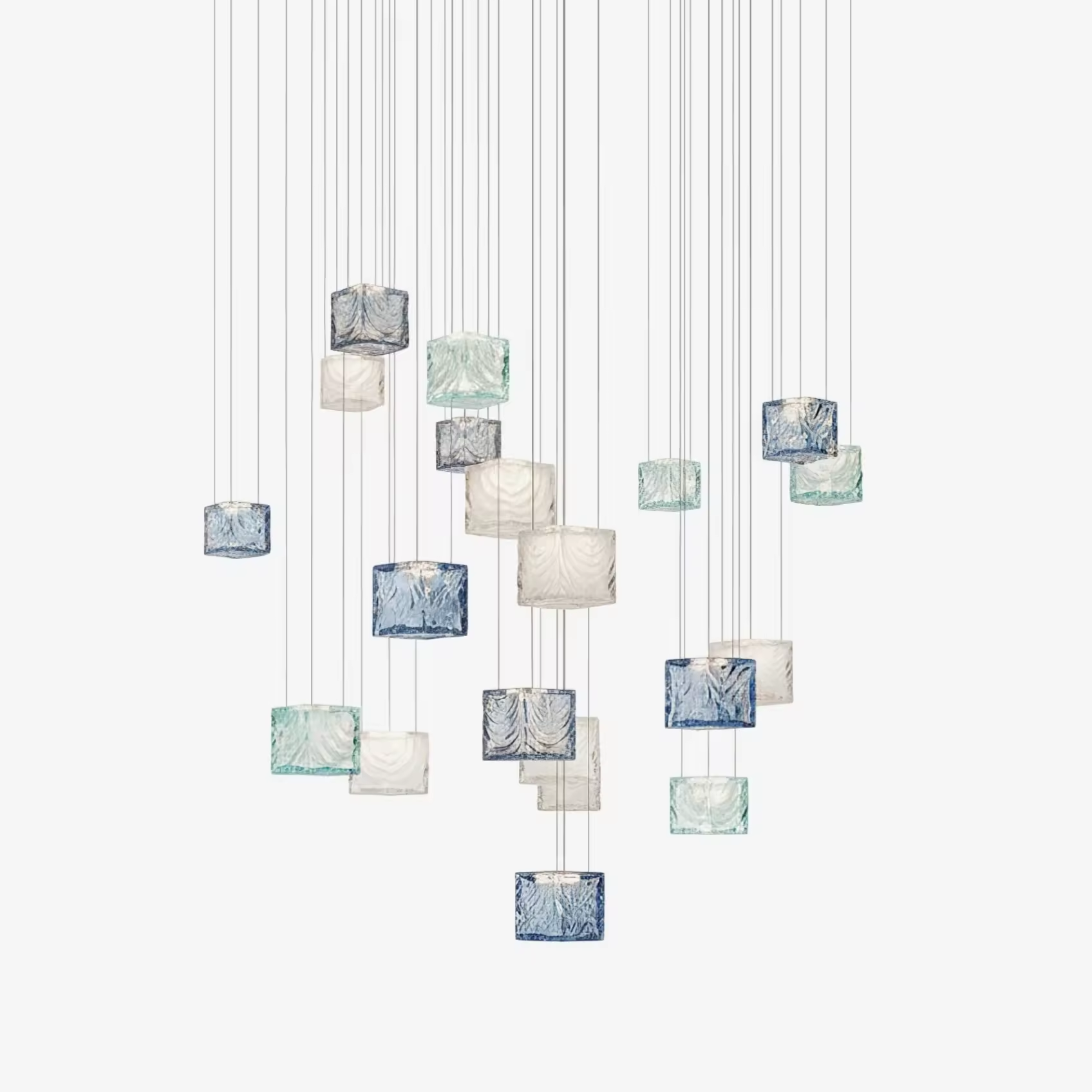 Close-up of blue clear and frosted glass cube pendants for Crystal Pixels chandelier