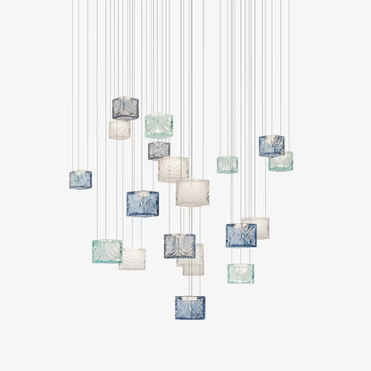Close-up of blue clear and frosted glass cube pendants for Crystal Pixels chandelier