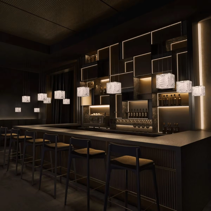 Crystal pixels glass cube pendant lights installed above a luxury bar counter