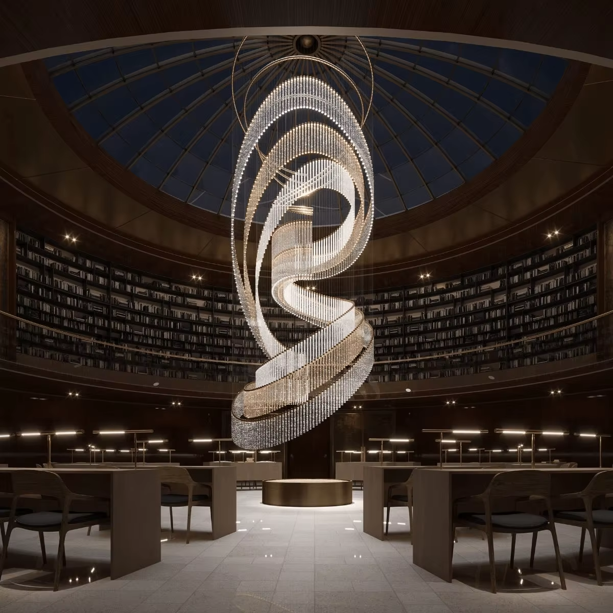 Large spiral Crystal Spin custom chandelier for library atrium and high ceiling interiors