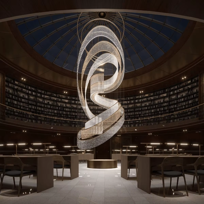 Large spiral Crystal Spin custom chandelier for library atrium and high ceiling interiors
