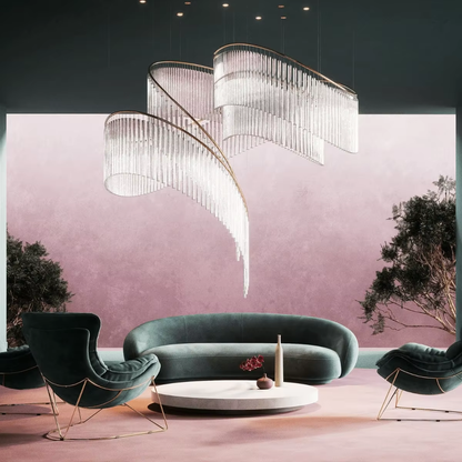 Crystal Spin custom crystal chandelier installed in a luxury lounge with curved glass rods