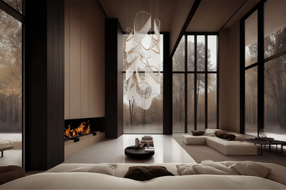 Crystal Spin custom chandelier in a tall luxury living room with curved crystal lighting