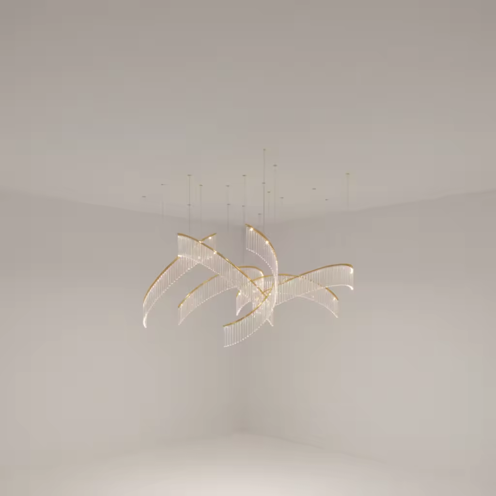 Crystal Spin custom wave chandelier side view for bespoke ceiling lighting projects