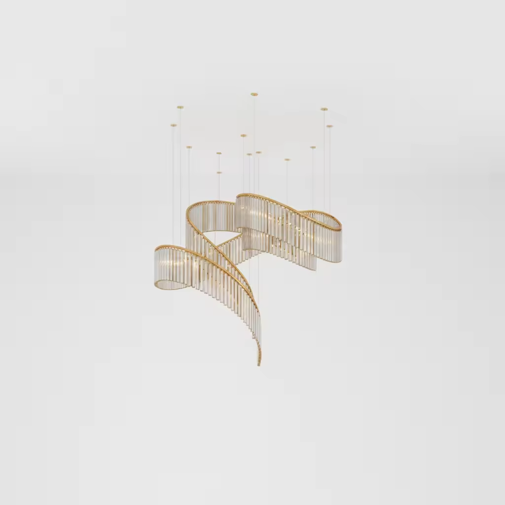 Crystal Spin custom chandelier product view with gold curved frame and crystal rods