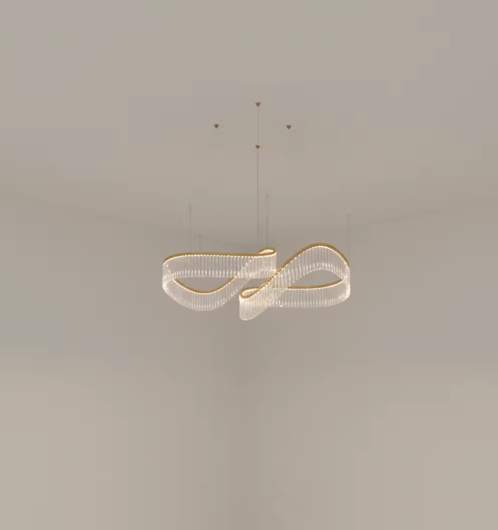 Crystal Spin loop crystal chandelier front view with illuminated curved glass rods