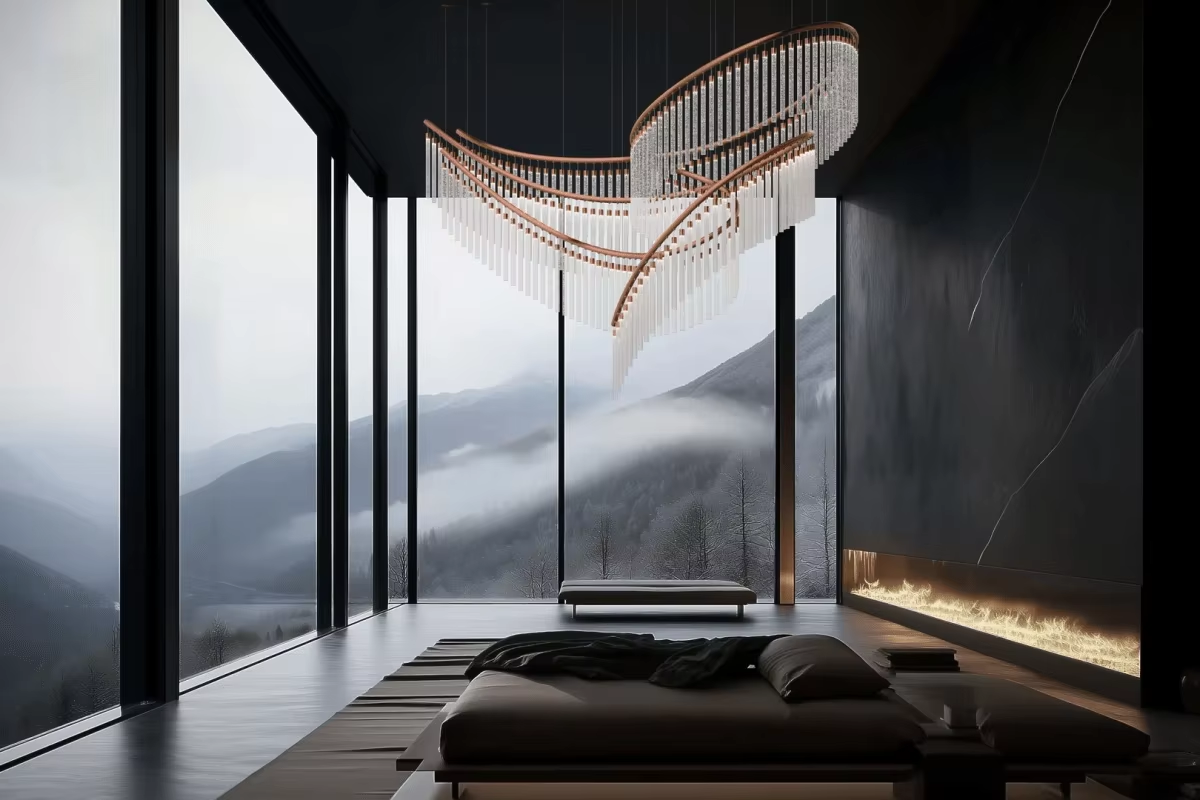 Modern wave crystal chandelier with gold frame in a mountain view luxury room