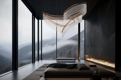 Modern wave crystal chandelier with gold frame in a mountain view luxury room