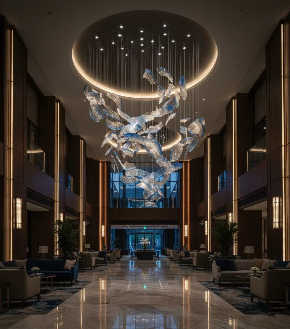 Custom brush art glass chandelier installed in a luxury hotel lobby