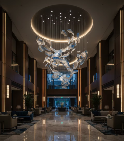 Custom brush art glass chandelier installed in a luxury hotel lobby