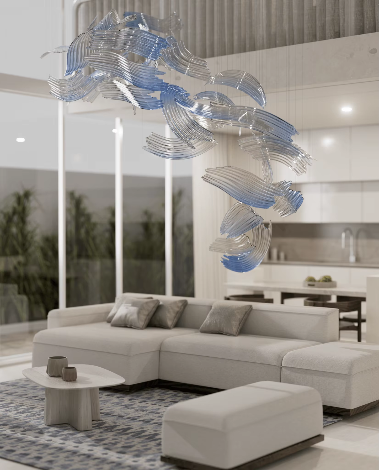 Close view of custom blue and clear brush art glass chandelier