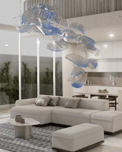 Close view of custom blue and clear brush art glass chandelier