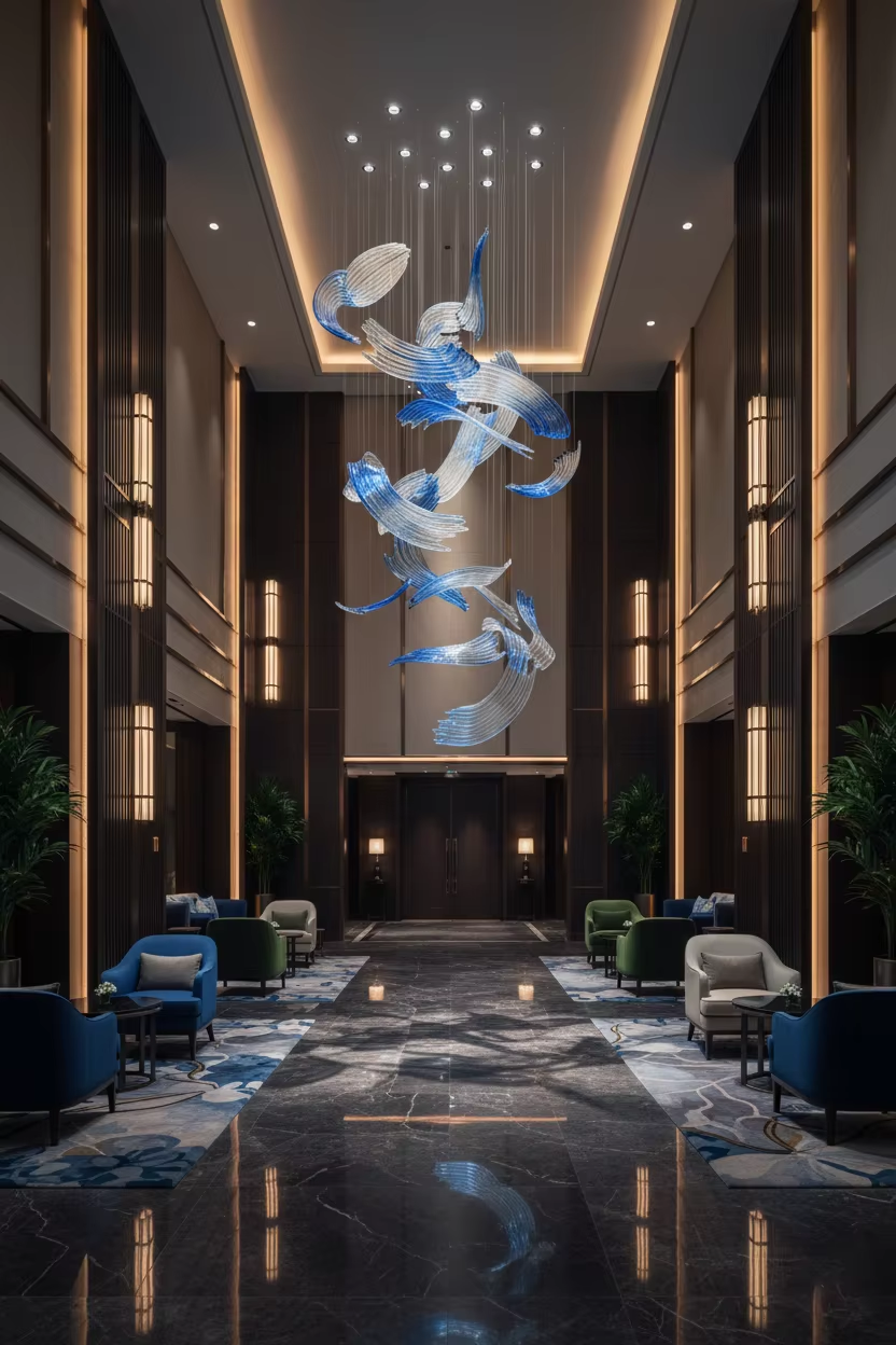 Blue and clear art glass chandelier for tall atrium installation