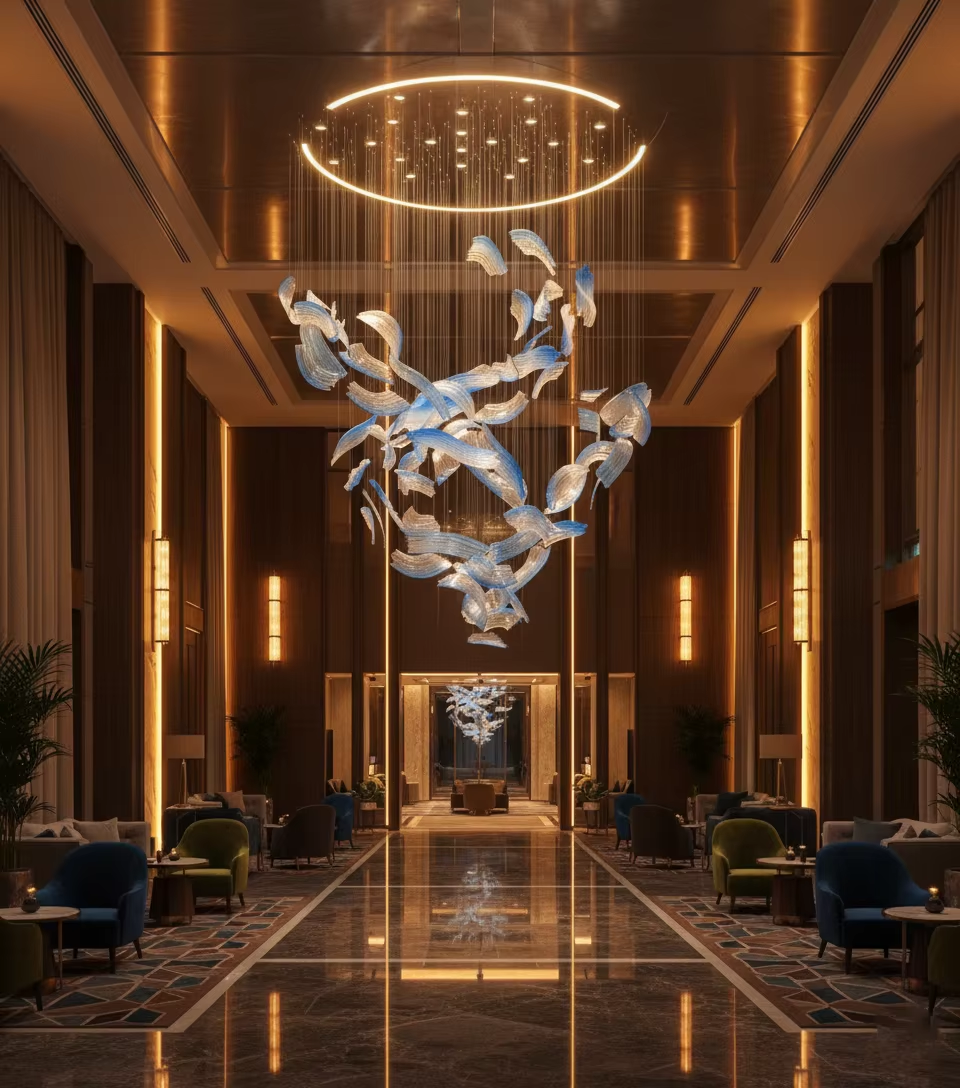Large custom art glass chandelier in warm hotel lobby interior
