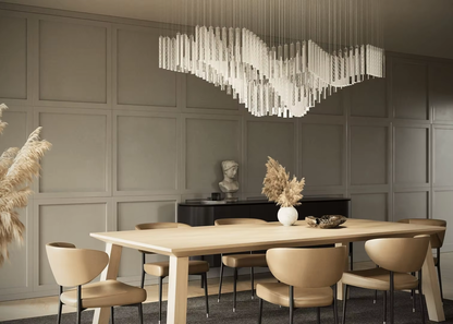 Diamond Cloud crystal chandelier over a modern dining table with custom glass rods