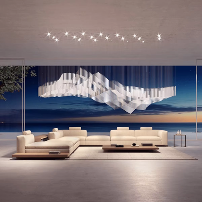 Diamond Cloud wave crystal chandelier above a luxury living room sofa