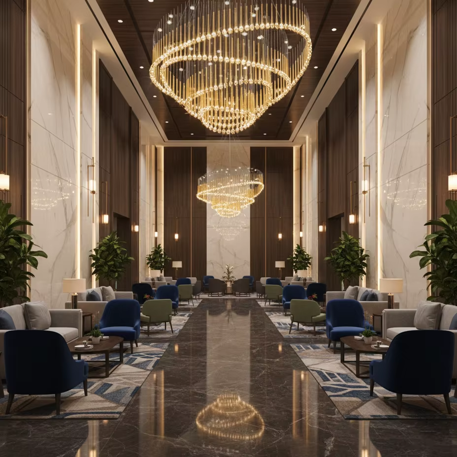 Eyelet gold crystal cascade chandelier installed in a luxury hotel lobby