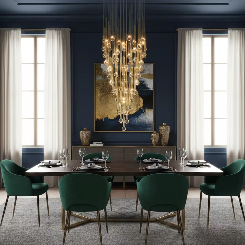 Eyelet gold crystal glass drop chandelier above a luxury dining table