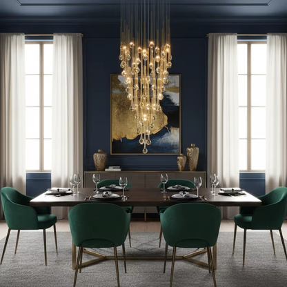 Eyelet gold crystal glass drop chandelier above a luxury dining table