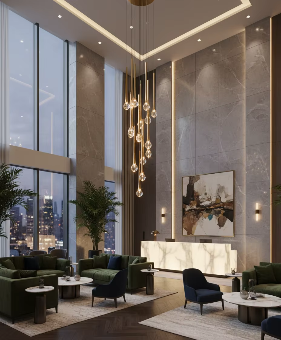 Eyelet gold crystal drop chandelier for high ceiling lounge and reception space