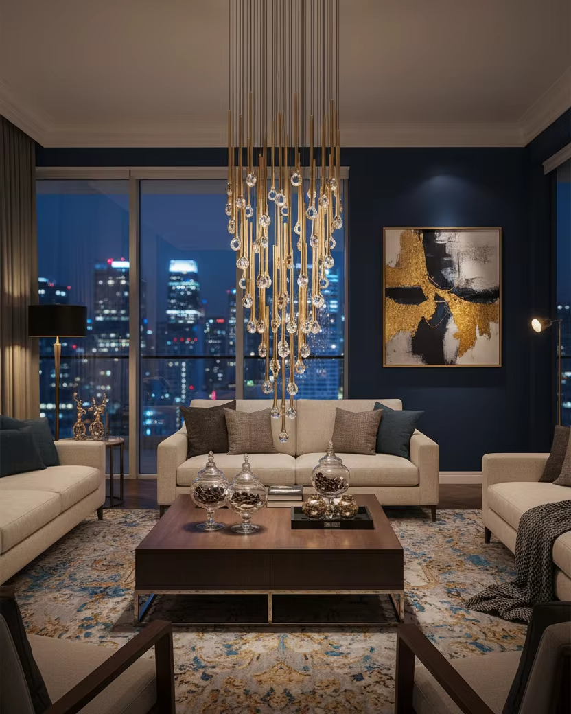 Eyelet gold crystal drop chandelier installed in a modern living room