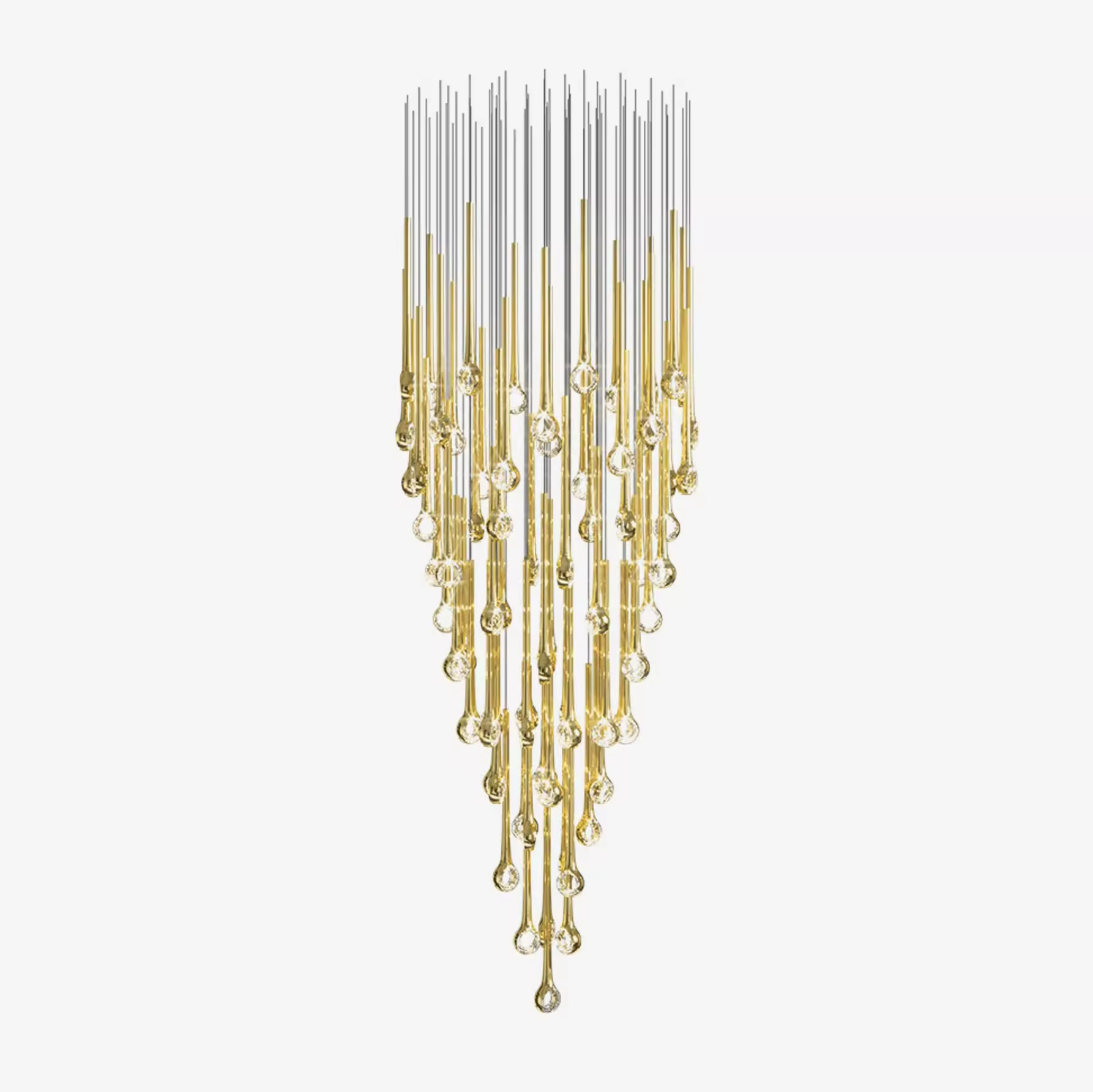 Eyelet gold crystal glass drop cascade chandelier on white background