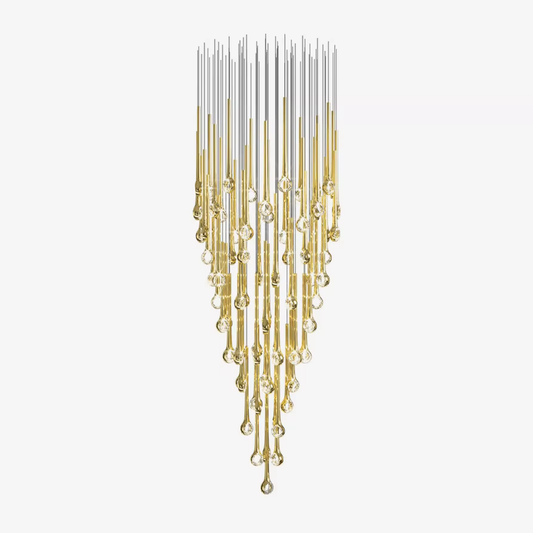 Eyelet gold crystal glass drop cascade chandelier on white background