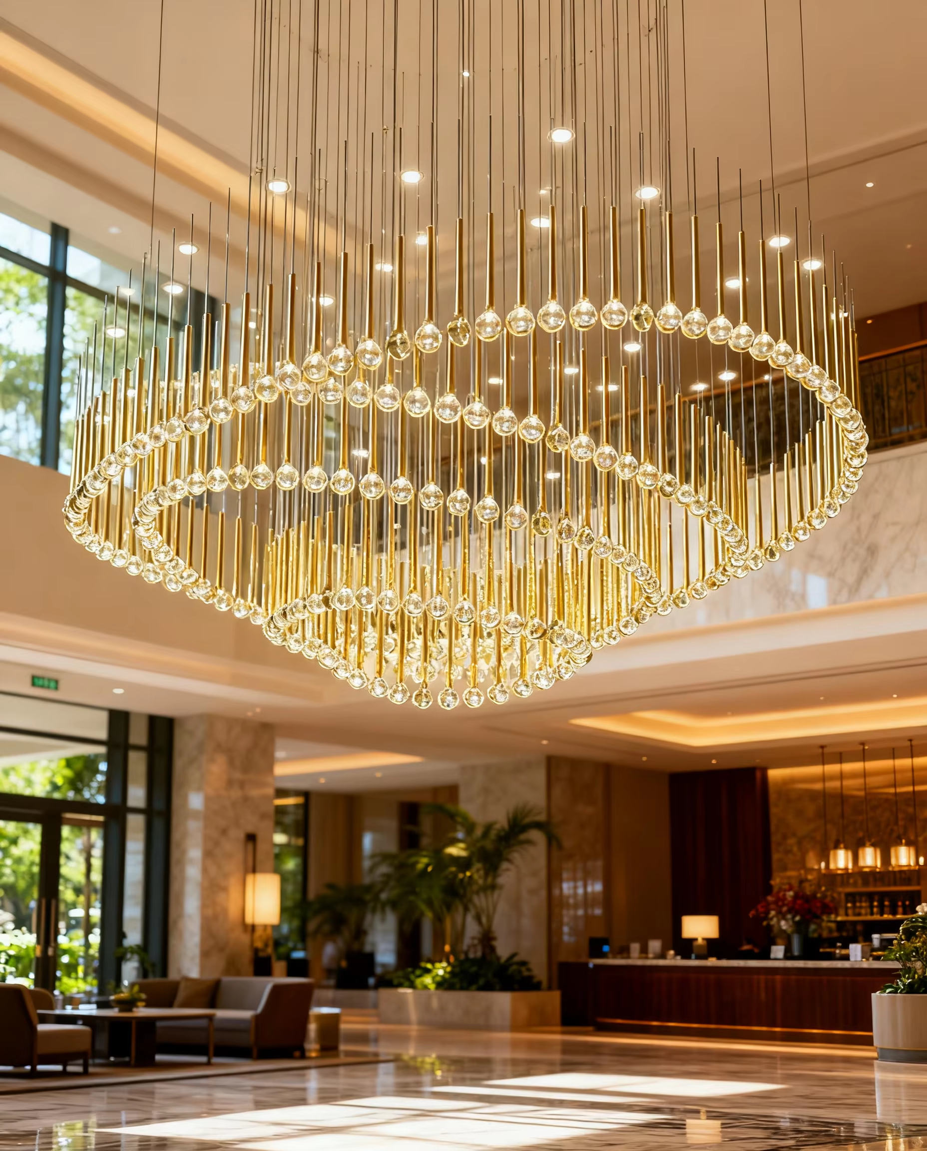 Large Eyelet gold crystal chandelier for hotel lobby and high ceiling interiors